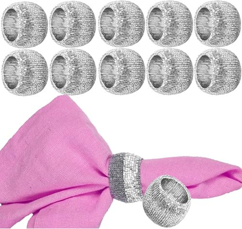 Alpha Living Home Serviettenring aus Glas, handgefertigt, Packungen 12Pack Silver Glass Beads 5