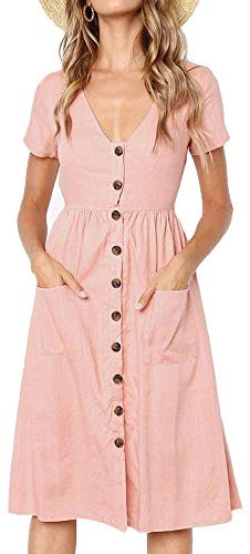 Summer Dresses for Women Casual Midi Dress Short Sleeve Shirt Dress V Neck Button Decoration Swing A Line Tunic Dress with Pockets Size M = UK 10-12