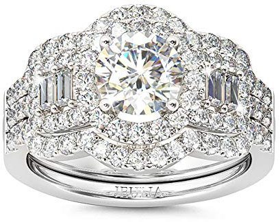Jeulia 3 Stück Damen Ringe Set Sterling Silber Halo Rundschliff Diamant Ringe Schmuck für Braut Hochzeit Band Verlobungsring (61 (19.4))