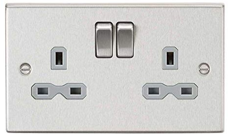 13A 2G DP Switched Socket with Grey Insert - Square Edge Brushed Chrome