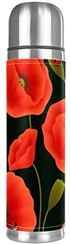 Bouteille d'eau isotherme en acier inoxydable avec motif coquelicots rouges et coccinelles - 500 ml - Pour le bureau, l'école, les voyages