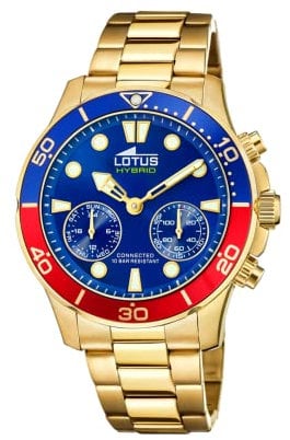 Lotus Herren Smartwatch Hybrid Connected Edelstahl Gold-Blau-Rot, Durchmesser: 44,5mm, Wasserdichtigkeit: 10 Bar, 18802/3