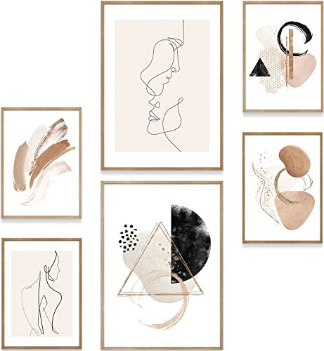 MUUDLY® Poster Set Abstrakt Line Art Beige – 6 moderne Wandbilder (2×A3, 4×A4) – Stilvolle Bilder fürs Wohnzimmer, Schlafzimmer – Minimalistische Wanddeko ohne Rahmen