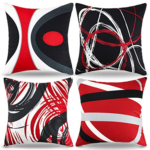 Dekokissen Kissenhülle 45x45 Sofakissen Kissenbezug Rot Schwarz Moderne Zierkissenbezüge 4er Set Irregulär Linie Super Weich Samt Platz Couch Kissen für Sofa Wohnzimmer Schlafzimmer Mit Reißverschluss