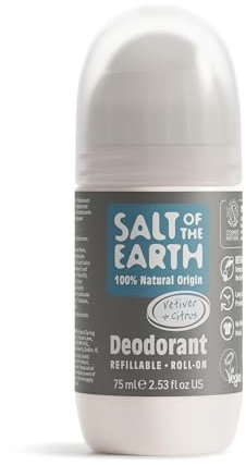 Natural Deodorant Roll On by Salt of the Earth, Pure Armour vetiver and citrus- Refillable, Vegan, Long Lasting Protection, Leaping Bunny Approved, Made in the UK - 75ml
