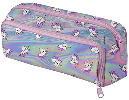 Mäppchen Federtasche 3 Fach Bunte Federmäppchen Schüleretui Stiftemappe mit Reißverschlüssen Netztaschen und Gummiband Stiftehalter Holo Unicorn [152]