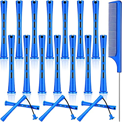 Blue Hair Perm Rods Set 21 Pieces, Include 20 Pieces Cold Wave Rods Plastic Perming Rods Curlers Hair Rollers and Steel Pintail Comb Rat Tail Comb for Hairdressing Styling Tools, Blue, 0.35 inch/ 0.9