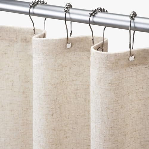 Tenda da doccia in lino, beige, stile bohémien, tende da doccia per bagno, tessuto color crema, 183 x 183 cm