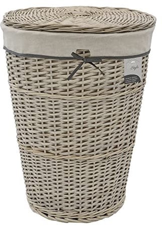 JVL Arianna Round Tapered Willow Linen Laundry Basket, Grey Wash