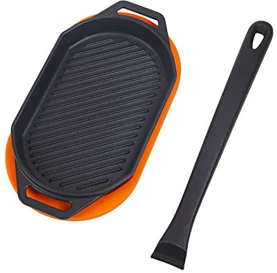 Cast Iron Sizzler Plates-Pizza Oven/Cookware Accessories,Grizzler Pan for Outdoor/Indoor Pizza Oven,Camping,BBQ Grilling and Kitchen,Raised Griddle Skillet Pan with Silicone Mat,1 Lifting Handle