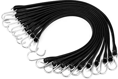 QWORK 50 Pack 21 Tarp Straps, Adjustable Rubber Bungee Cords with S-Hooks, Black, Secures Tarps, Canvases, Cargo