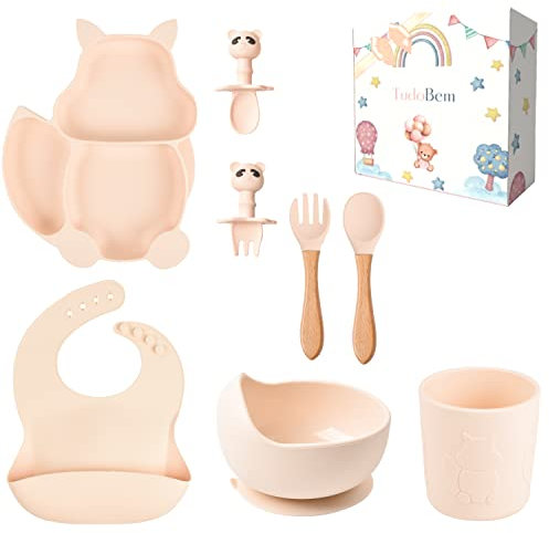 TudoBem Caja de comida para bebé de silicona [8 piezas], plato ventosa para bebé + babero ajustable + cuenco antideslizante + cuchara/tenedor 1ª edad y 2ª edad + vaso, regalo nacimiento (Rose pale)