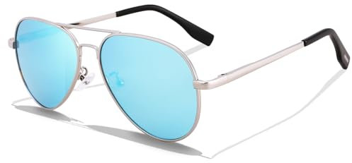 LOJUDI Polarizzati Occhiali da Sole Bambino Bambina - Aviatore Telaio in Metallo Ragazzo Ragazza Bambini Occhiali Sole per 6-14 Anni Protezione UV400-Argento/Blu