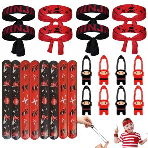 JUAEYIDDS 24 Stück Ninja Party Mitgebsel Kindergeburtstag Ninja Fingerschleuder Ninja Party Zubehör Dehnbar Klebrige Spielzeug Kinder Ninja Kopfband für Jungen Ninja Warrior Themed Party