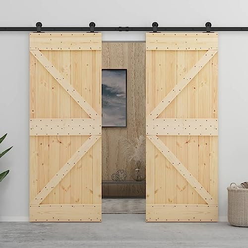 NITCA Schiebetür Komplettset Mit Tür Holzschiebetür Schiebetür Holz mit Beschlag 90 x 210 cm Schiebetürsystem Komplett-Set Schiebetüren Komplettset Holz Für Eingangsbereich Kiefer Massivholz-5