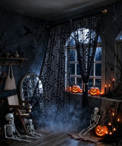 Treatmentex Schwarze Spitzenvorhänge für Schlafzimmer, Wohnzimmer, 240 cm Länge, lichtfilternd, Blattstrick, halbtransparent, Fenstervorhänge, Elegante französische Spitzenvorhänge, 137,2 cm breit