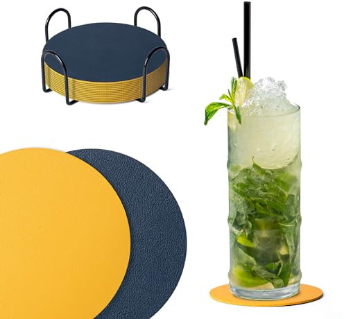 Dalababa Lot de 12 Dessous de Verre en Cuir, Sous-Verres Rond de 10cm avec Support, Double Face Lavables pour Café, Verres, Maison, Bar (Bleu Jaune)
