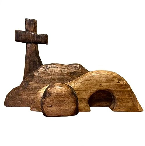Mnaocz Osterszene aus Holz, Dekoration mit Leerem Grab, Osterszene und Kreuzdekoration, Jesus-Grab-Ostertablett-Bundle-Set, Hölzernes Kreuz, Leeres Grabstatuen-Set für Den Frühling, Religiöse(#1)