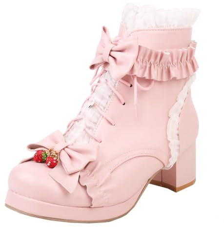 MISSUIT Damen Plateau High Heels Stiefeletten Blockabsatz Ankle Boots mit Schnürung Schleife Reißverschluss Schnürstiefeletten Spitze Schuhe(Pink,35)