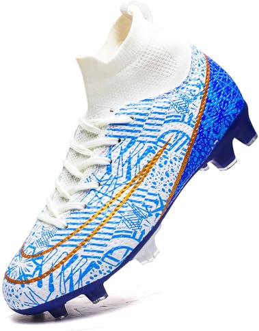 Donbest Boys Football Boots Cleats Kids Football Shoes Astro Turf Soccer Shoes Professional Spikes Football Competition Shoes,BlueWhite,EU34