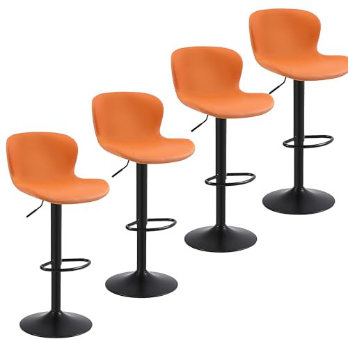 Youhauchair Tabouret Bar Lot de 4, Tabouret de Bar Réglable en Hauteur en Cuir PU, Chaise de Bar avec Dossier et Repose-Pieds, Chaise Haute Cuisine Pivotant, Moderne, Orange