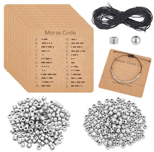 UNICRAFTALE 304 Edelstahl Morsecode Armbändern 200 runde Abstandsperlen 200 lange Röhrenperlen 10 Morsecode Dekodierkarten Und Gewachste Kordeln Für Die Herstellung von DIY Armbändern Und Schmuck.