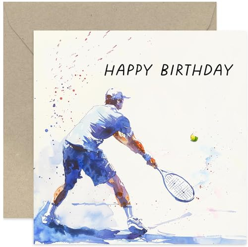 Tennis-Geburtstagskarte für Ihn – Tennisspieler-Geburtstagskarte für Männer und Frauen – Sport-Grußkarte für Jungen zum Geburtstag – Neffe, Sohn, Onkel, Vater, Ehemann | Blanko-Umschlag innen