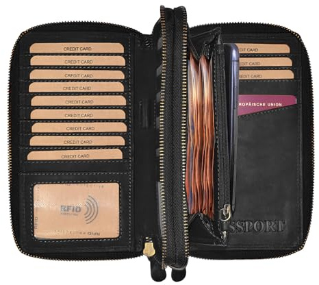 Benthill Geldbörse XXL Echt Leder RFID - Großes Portemonnaie mit Handyfach - Reisebrieftasche - Damen & Herren Dokumententasche, Farbe:Schwarz
