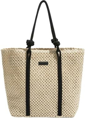 MPINGRTH Straw Bag Straw Beach Bag For Women, Large Straw Tote Bag With Zipper, Retro Summer Woven Bag Beach Travel Handbag, Handmade Boho Casual Straw Shoulder Bags-Off-White