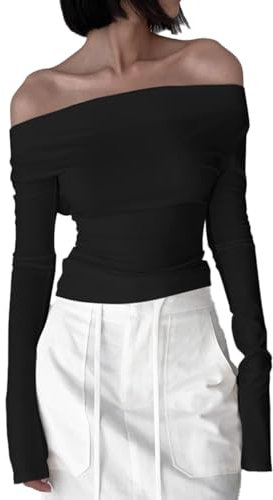 EMOTTOS Tops de Encaje Sexy para Mujer, Crop Top de Manga Larga con Escote Swing, Camisa Larga con Encaje sin Hombros, Camiseta Y2K (Negro/Blanco, S-XL)