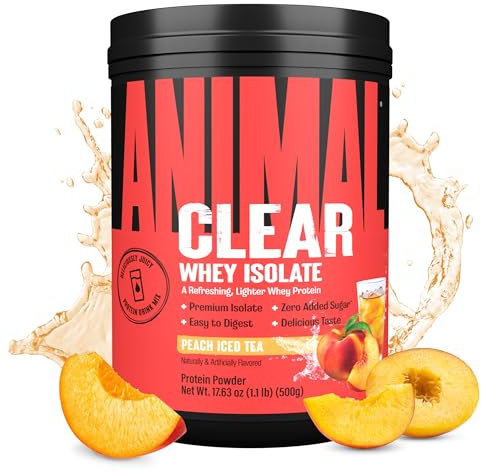 ANIMAL Clear Whey Protein Pulver (Peach Iced Tea) –Isoclear mit 20g Protein & 5g BCAAs für den Muskelaufbau. Protein Shake ohne Zuckerzusatz, fettarm und mit Aminosäuren – 500g
