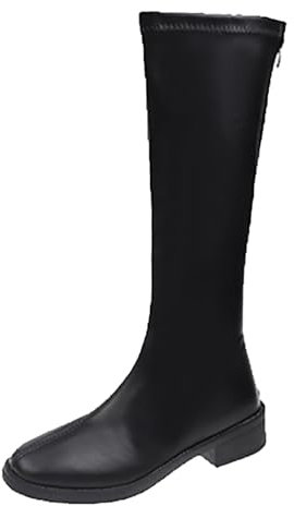 Stivali sopra il ginocchio, da donna, in pelle, sexy, con calda imbottitura, elasticizzati, al ginocchio, con tacco basso, in pelle, con punta tonda, da equitazione, con chiusura lampo, Nero , 36