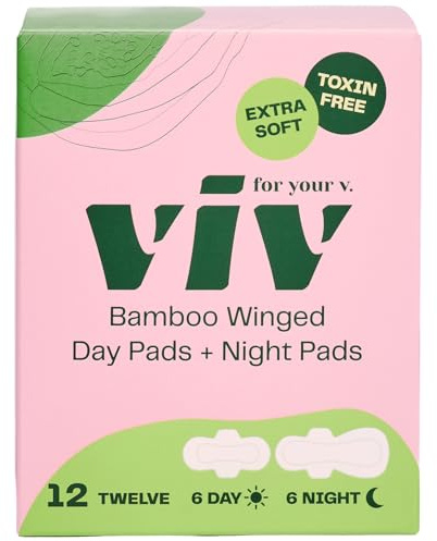 Viv for Your V Bamboo Organic Day & Overnight Pads for Women | (6) Regular (6) Super Sanitary Pads with Wings | Soft, Unscented | Regular & Super Absorbency Bundle