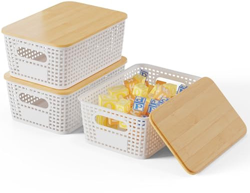Shrivee 3er-Set Aufbewahrungsbox mit Bambus Deckel, 5L Aufbewahrungskorb, Kunststoff Korb Aufbewahrung, Küchen Aufbewahrungsboxen für Regale, Schränke, Schränke und Zuhause (weiß)
