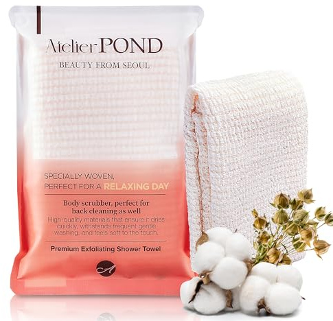 atelier POND Korean Exfoliating Washcloth– Soft Cotton-Blend Exfoliating Shower Towel for Sensitive Skin, Extra-Long Back Scrubber (Soft Orange)