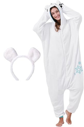 corimori Flauschiges Eisbär-Kostüm für Erwachsene mit Haarreif | Karneval Kostüm Onesie für Damen, Herren | Körpergröße 150-160cm