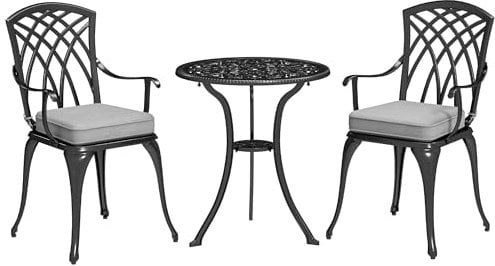 Outsunny 3 Piece Cast Aluminium Garden Bistro Set for 2, Outdoor Coffee Table Set Rust Resistant with Parasol Hole, Cushions, Patio Table and Chairs for Garden, Balcony, Black