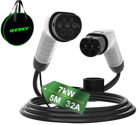 RTSKY Type 2 EV Charging Cable, 32A / 230V / 7KW / 1 Phase / 5 Meter, Type 2 to Type 2 Fast Charging Cable for Electric Vehicles and Plug-in Hybrids