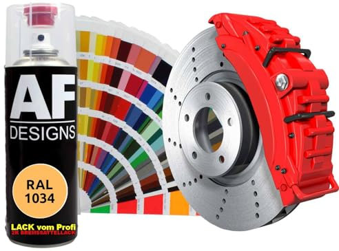 Alex Flittner Designs 2K Bremssattellack RAL Spraydose hitzebeständig 300° Bremssattelfarbe Hochwertiger Lack für Bremssättel, Bremsen und Autozubehör - 400 ml (RAL1034 PASTELLGELB)