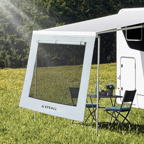 EFEALL Sonnenschutz Wohnmobil Vorderwand 2 x 3,7 m, UPF 50+ Schutz, Regenfest, mit Verstellbarem Panorama-Fenster(Stoff+Netz), Sunblocker Markise für Kederleisten mit Ø 5–7 mm, inkl. Montagezubehör