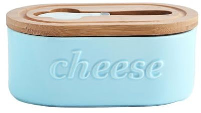 RPXHZLKTM Butter Dish Butter Dish for Countertop Simple Ceramic Butter Dish Wooden Lid with Knife Butter Box(Blue)