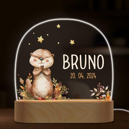 GRAVURZEILE Personalisiertes Nachtlicht für Kinder - Waldtiere Otter - Personalisiert mit Name - LED Nachttischlampe für Kinderzimmer - Geschenk zur Geburt, Taufe & Geburtstag für Jungen & Mädchen