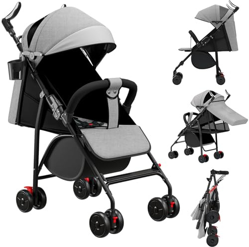 Homewell Federleichter Reisebuggy Faltbar, Kinderwagen, Liegefunktion, flache Liegeposition, kompakter Buggy inkl. Moskitonetze & Matten & Getränkehalter (Grau)