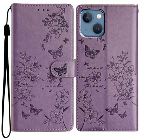 Reevermap iPhone 13/14 Case Flip Wallet Case Shockproof PU Leather Butterfly Magnetic Bumper Cover with Kickstand Card Holder, Purple