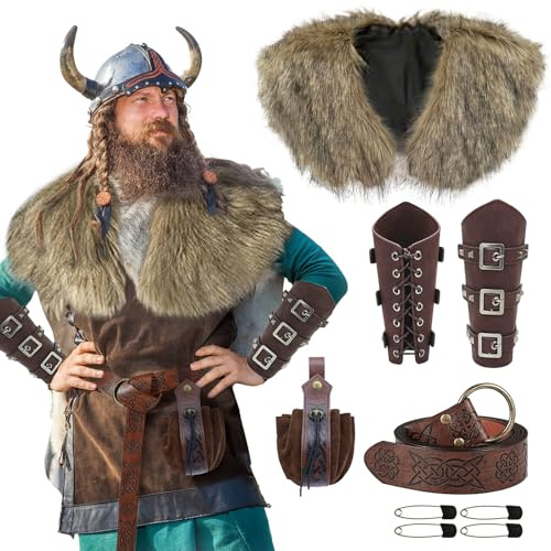 nezababy Wikinger KostüMe Wikinger Pelz Mittelalter Kunstfell Schulter Mit Leder Armschienen GüRtel Halloween Karneval Verkleidung