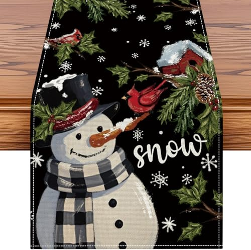 JOTOM Chemin de table bonhomme de neige Noël hiver à carreaux Buffalo Plaid Xmas chemin de table saisonnier décoration de table cuisine salle à manger pour maison fête décor intérieur vacances 40x300