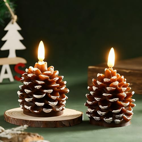 Dongcill Flammenlose Tannenzapfenkerzen,2 Stück Weihnachtsdeko Tannenzapfen LED Kerzen,Batteriebetriebene 3D Tannenzapfen,LED Weihnachtskerzen für Weihnachtsdekoration Weihnachtendekoration