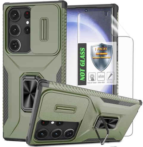 AYMECL For Galaxy S22 Ultra Case,with Sliding Camera Lens Cover,HD Screen Protector,360° Rotating Ring Kickstand, Military-Grade Shockproof Protective Cover for Samsung Galaxy S22 Ultra,Army Green