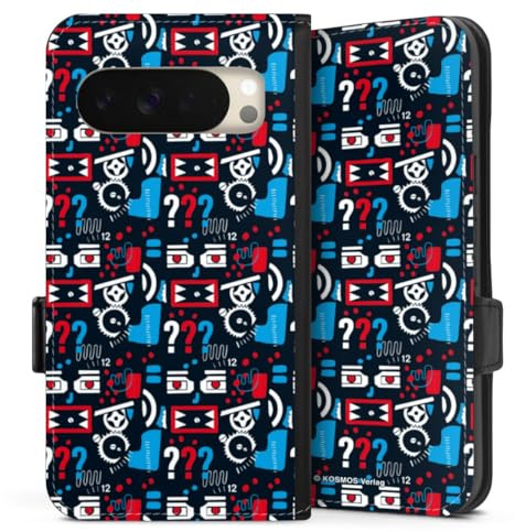 Klapphülle kompatibel mit Google Pixel 10 Pro Handyhülle aus Kunst Leder schwarz Flip Case Die DREI Fragezeichen Muster Offizielles Lizenzprodukt