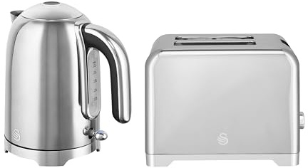 Swan Solace Kitchen Set, 1.7L Rapid Boil Kettle with High Gloss Finish and 930W 2-Slice Toaster with 7 Browning Levels, Stainless Steel with Chrome Trim, SK19026SS & ST19031SS
